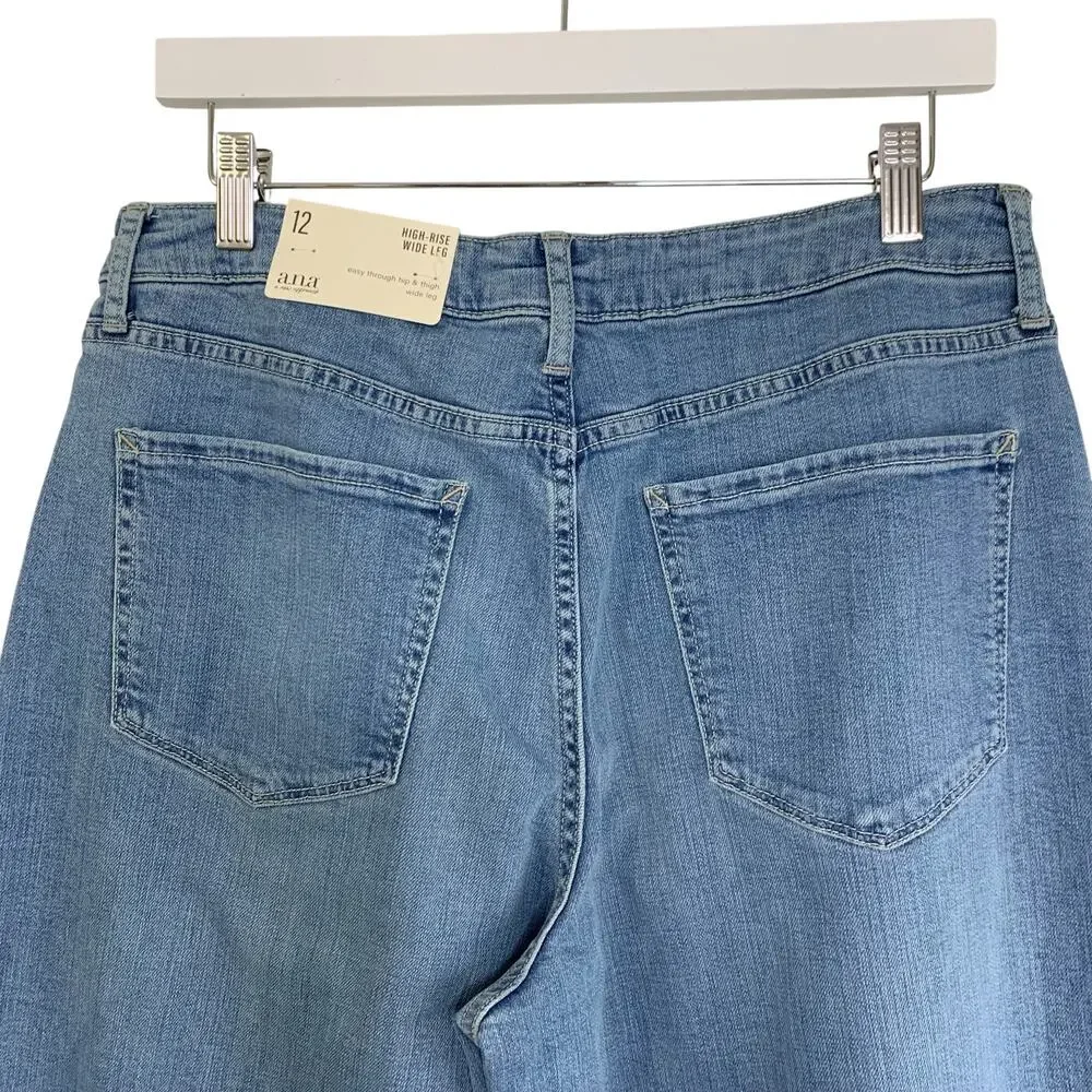 Ana High Rise Wide Leg Jeans Size 12 Button Fly Stretch Denim Blue NEW Raw Hem - Picture 7 of 9
